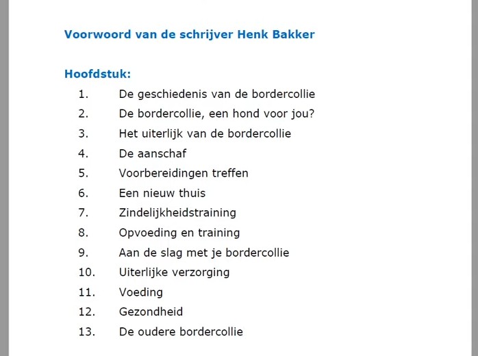 Op deze foto zie je de inhoudsopgave van de Border Collie Geheimen ebook