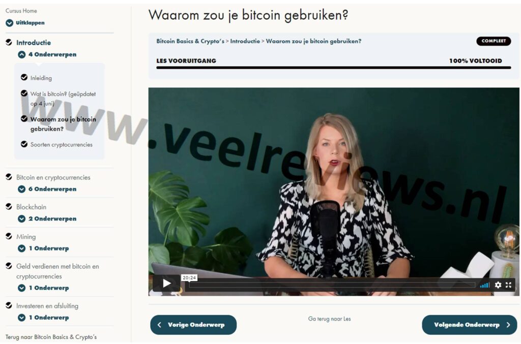 Op deze foto zien we de online omgeving van de Bitcoin Basics & Crypto’s cursus